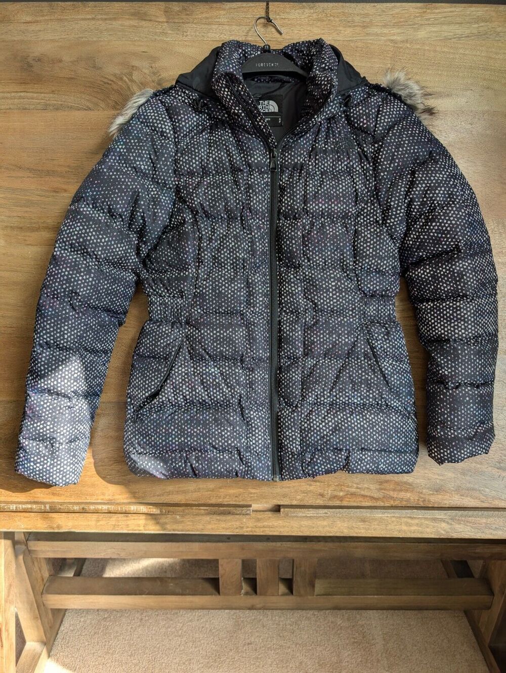 The North Face Jacket Womens Small Black Polka Dot Gotham Faux Fur Hood Full Zip